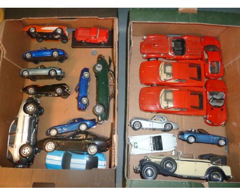 2 boxes of large scale diecast cars including Ferrari, Mercedes Benz etc