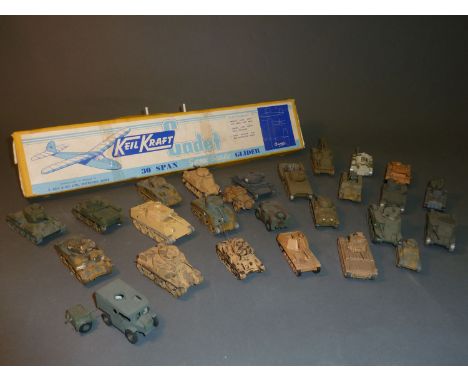 A Keil Kraft cadet glider and a box of assembled/ painted miniature army tanks 