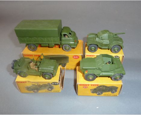 4 boxed Dinky army vehicles : 3-ton army wagon (621), Austin champ (674), armoured car (670) and scout car (673) 