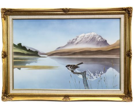 * JOHN CLIFFORD, A PAIR OF LAKE SCENES a mixed media and a print on board Largest image size 35cm x 68cm One mounted, framed 