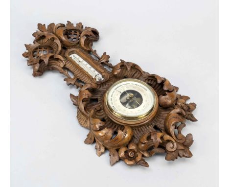 Barometer, Ende 19. Jh. Niederlande, hochplastische, florale Schnitzereien, Barometer und Thermometer, H. 61 cm