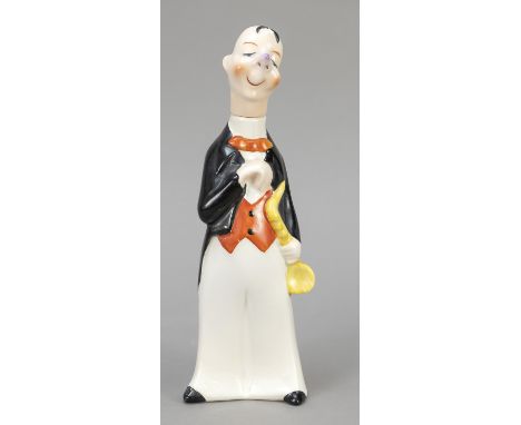 Figürliche Art Deco Flasche, Goebel Oeslau, 1920-30er Jahre, Saxophonspieler, Kopf als Stöpsel, polychrom staffiert, H. 25 cm