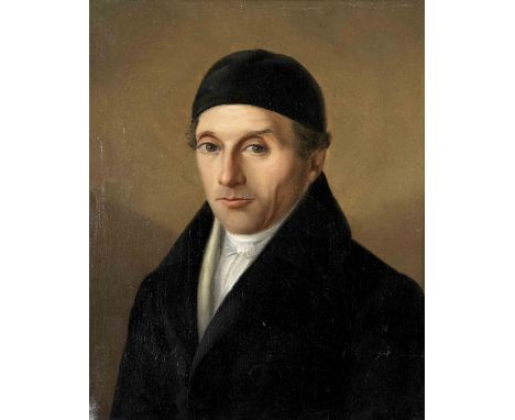 Anonymer Bildnismaler des Biedermeier um 1830, Portrait eines Mannes mit schwarzer Mütze, Öl auf Lwd., unsign., ber., 39 x 32