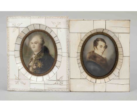2 Miniaturen, 20. JH., Rahmen aus Bein-Elementen zusammengefügt. 1 Portrait von Carl Maira von Weber und ein Herrenportrait, 