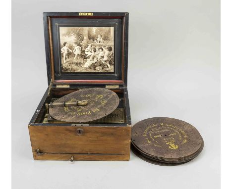 Polyphon Spieluhr in Holzkasten, 19. Jh., innen gemarkt mit ''Polyphon'' und ''A.E. Fischer, Bremen, Marke Roland'', dazu 33 