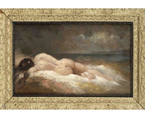 Unidentifizierter Maler um 1900, weiblicher Rückenakt am Meer, Öl auf Karton, u. li. undeutlich sign. ''K...'', 19 x 31,5 cm,