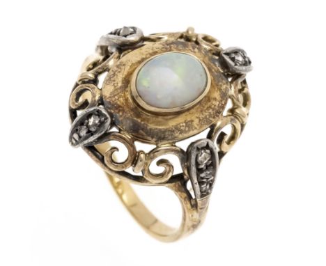 Opal-Diamant-Ring RG/WG 585/000 mit einem ovalen Opalcabochon 7 x 5 mm und 4 Diamanten, RG 55, 4,3 g