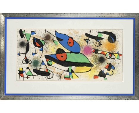 Joan Miro (1893-1983), Farblithographie, vertikaler Mittelfalz, unsign., leichter Lichtrand, 27 x 56 cm, hinter Glas u. Pp. g