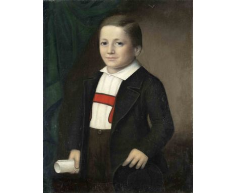 Anonymer Bildnismaler des Biedermeier, 1. H. 19. Jh., Portrait eines Knaben mit gerolltem Schriftstück, Öl auf Lwd., unsign.,