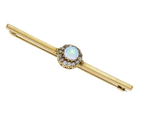 Opal-Altschliff-Diamantnadel GG 585/000 mit einem runden Milchopal-Cabochon 6 mm, mit sehr gutem Farbenspiel und 14 Altschlif