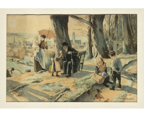 K. Baillon, um 1900, zwei Aquarelle mit kleinstädtischen Familienidyllen, Kopien nach unbekannten Vorbildern, Aquarell auf Pa