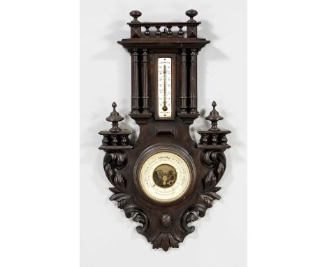 Großes Wandbarometer, Ende 19. Jh. ''Barometre Améroide'', mit Thermometer, Gehäuse Holz aufwendig geschnitzt mit floralem De