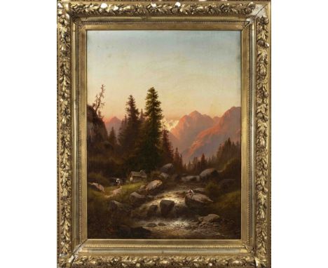 K. Salvatore, Landschaftsmaler Ende 19. Jh., große Alpenlandschaft mit Angler am Wildbach und Hütte im abendlicht, Öl auf Lwd