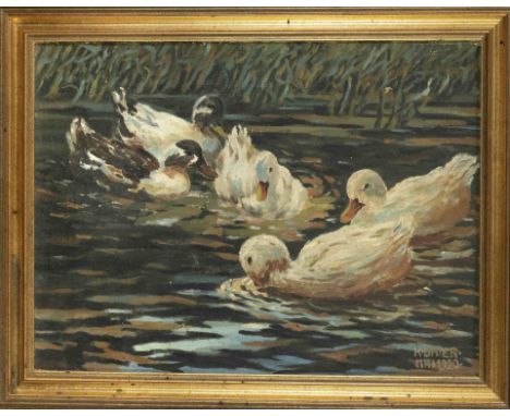 K. Baier, 1. H. 20. Jh., fünf Enten am Teichufer, Öl auf Lwd., u. re. sign. u. dat. ''K. Baier Mai 1920'', ber., 35 x 46 cm, 