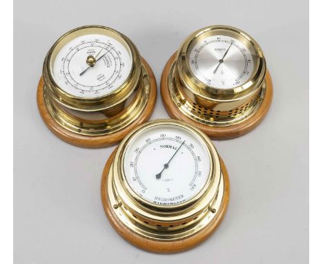 Wetterstation dreiteilig von Wempe in maritimer Optik, 2. H. 20. Jh., Barometer, Thermometer und Hygrometer je in rundem Mess