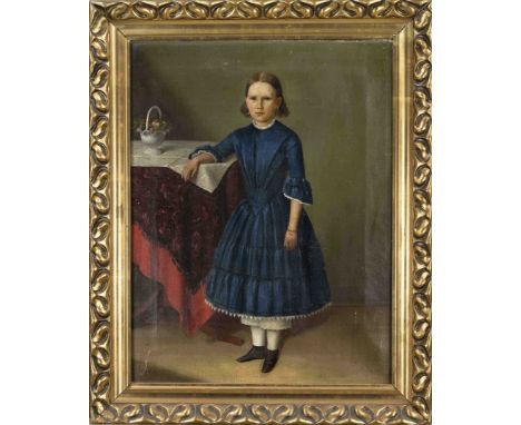 Anonymer Bildnismaler des Biedermeier um 1840, Portrait eines stehenden Mädchens in blauem Kleid, Öl auf Lwd., unsign., 48 x 