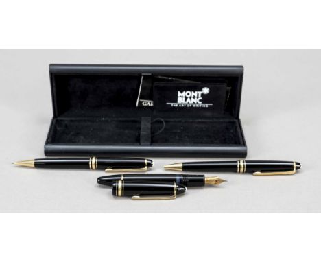 Dreiteiliges Montblanc Schreibset, 2. H. 20. Jh., bestehend aus Kolbenfüller, Meisterstück Nr. 146, 14 K (585er) Gelbgoldfede