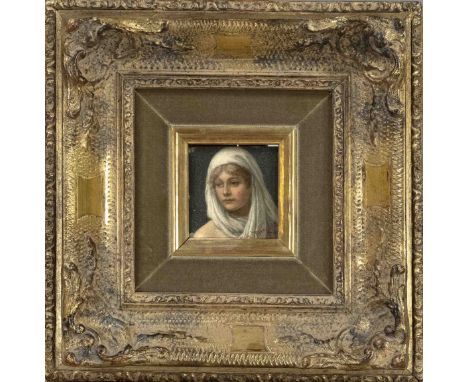 Wilhelm Menzler (1846-1926), genannt Menzler-Casel, kleines Portrait einer jungen Frau mit weißem Tuch, Öl auf Kupfer, u. re.