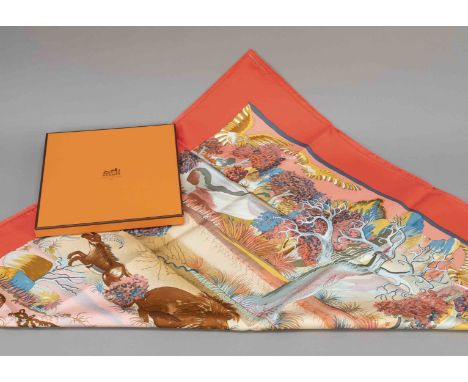 Hermes, polychrom gemustertes quadratisches Tuch aus reiner Seide, Rollsaum, inkl. OK, min. lagerspurig, ca. 89 x 89 cm