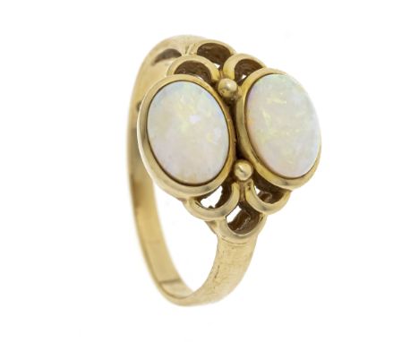 Opal-Ring GG 585/000 mit 2 ovalen Milchopal-Cabochons 8 x 6 mm, mit gutem Farbenspiel, RG 56, 3,8 g