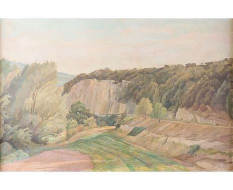 PERCY HORTON (BRITISH, 1897-1970)Quarry and Melon Field, Provencewith inscribed label (to reverse of frame)oil on canvas51 x 