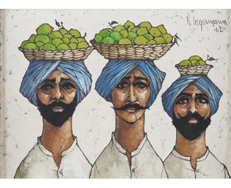 KEITH INGERMANN (AMERICAN, 1929-2012)Three fruit sellerssigned and dated 'K. Ingermann 62' (upper right)oil on board34 x 44cm