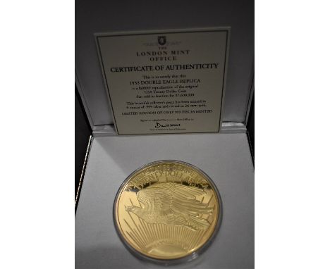 Gold USA 1933 Very Large Gold Replica 6 ounces of  .999 Silver, 24ct Gold Plated No. 202 of 999 with certificate 
