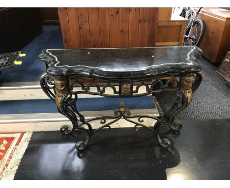 A modern half moon marble top and metalwork console table, 123cm wide