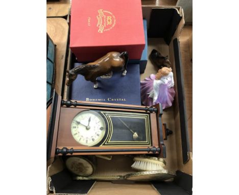A tray of assorted, to include a Coalport figure, and a wall clock etc.