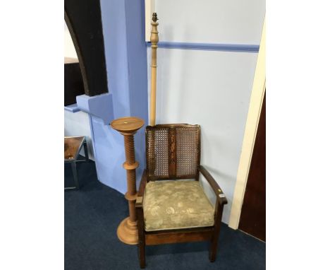 A barley twist pedestal, chair and lamp