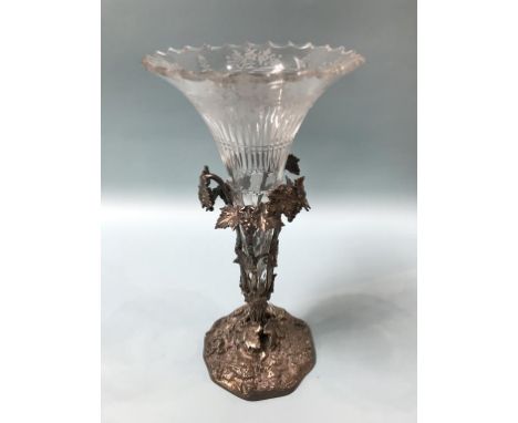 A silver plated naturalistic epergne, with etched glass vase, 32cm height