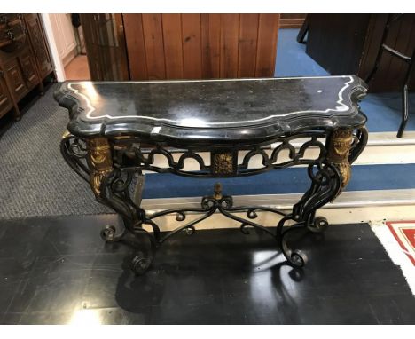 A modern half moon marble top and metalwork console table, 123cm wide