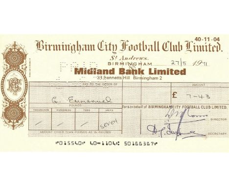 ORIGINAL 1971 BIRMINGHAM CITY WAGES CHEQUE TO GARY EMMANUEL
&nbsp;