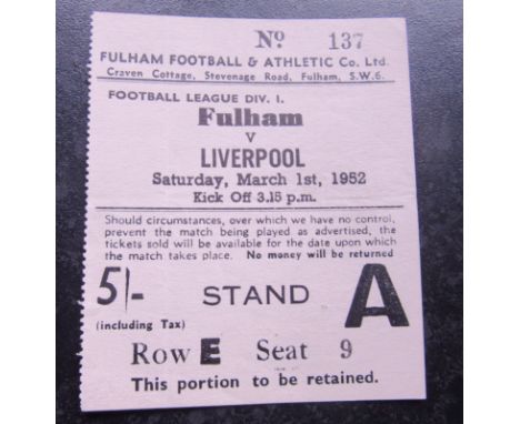 TICKET 1951-52 FULHAM V LIVERPOOL
Rare ticket for this league game
Slight folds that only appear noticable on the back of the