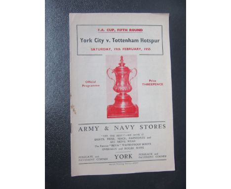 1954-55 YORK CITY V TOTTENHAM - FA CUP
Rare programme for this FA Cup 5th Round game.
Good for age with slight rust mark and 