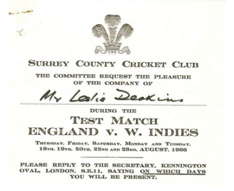 CRICKET - ENGLAND V WEST INDIES @ THE OVAL SURREY 1966 VIP TICKET
Issued by Surrey C.C.C. 