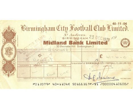 ORIGINAL 1970 BIRMINGHAM CITY WAGES CHEQUE TO JIM HERRIOT SCOTLAND INTERNATIONAL
&nbsp;