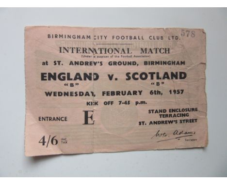 1957 ENGLAND B V SCOTLAND B - BIRMINGHAM CITY TICKET
A little handling wear to edges