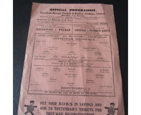 1945-46 TOTTENHAM V BRENTFORD
Single sheet programme, score noted &amp; slight fold
&nbsp;