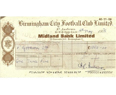 ORIGINAL 1975 BIRMINGHAM CITY WAGES CHEQUE TO FREDDIE GOODWIN MANAGER
&nbsp;