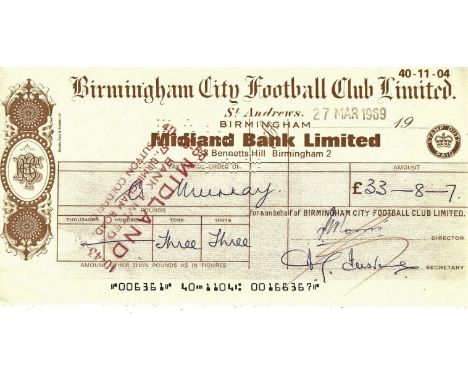 ORIGINAL 1969 BIRMINGHAM CITY WAGES CHEQUE TO BERT MURRAY
&nbsp;