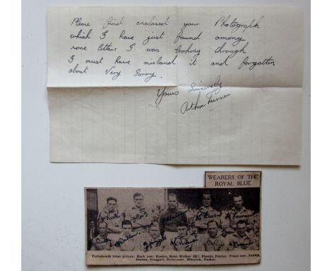 1946-47 PORTSMOUTH TEAM PHOTO AUTOGRAPHED BY ALL 11 PLAYERS
Nice item that comes with the original letter requesting the sign
