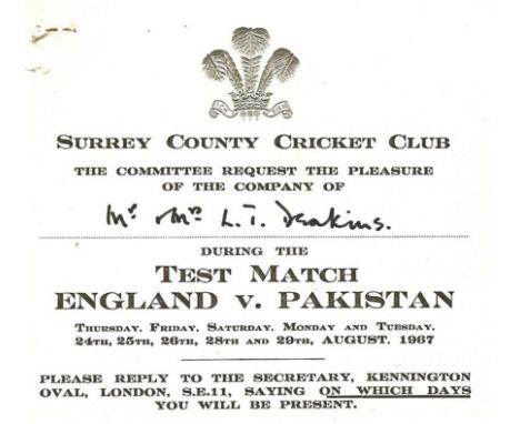 CRICKET - ENGLAND V PAKISTAN @ THE OVAL SURREY 1967 VIP TICKET
Issued by Surrey C.C.C. 