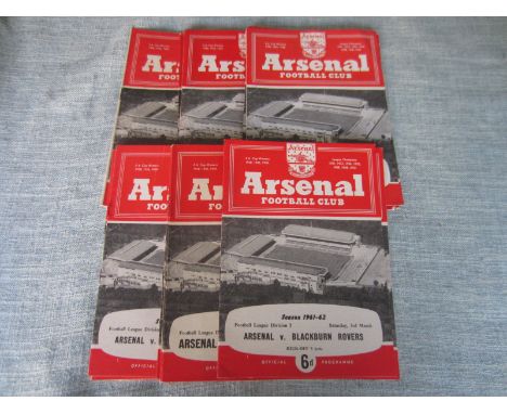 ARSENAL HOME PROGRAMMES 1961-62 X 16
Birmingham, Chelsea, Leicester, Sheff Utd, Burnley, Notts Forest, Sheff Wed, Blackpool, 