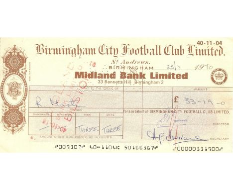 &nbsp;ORIGINAL 1970 BIRMINGHAM CITY WAGES CHEQUE TO RAY MARTIN
&nbsp;