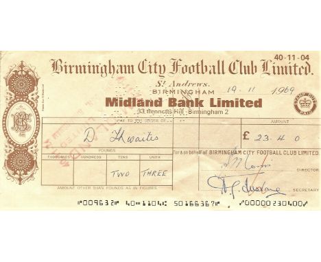 ORIGINAL 1969 BIRMINGHAM CITY WAGES CHEQUE TO DENIS THWAITES HAND SIGNED
Hand signed on reverse. 
