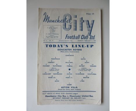 1954-55 DONCASTER V A.VILLA FA CUP REPLAY AT MANCHESTER CITY
Rare single sheet programme for this FA Cup replay
Slight fold