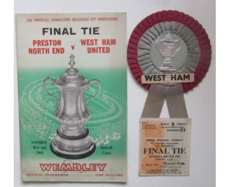 1964 FA CUP FINAL PRESTON V WEST HAM - PROGRAMME, TICKET &amp; WEST HAM ROSETTE&nbsp;
All good condition