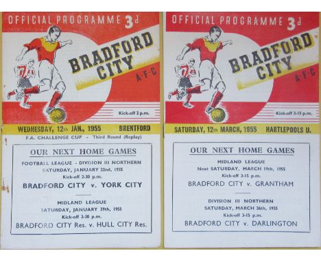 BRADFORD CITY HOMES 1954-55 X 2
Hartlepools &amp; Brentford FA Cup Replay
Good condition with slight marks