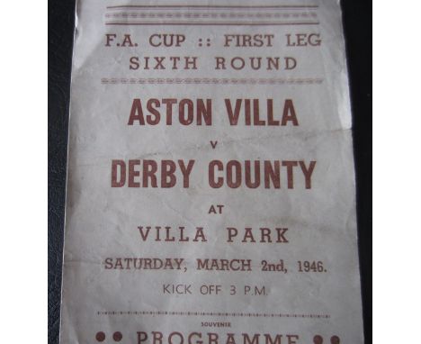 1945-46 ASTON VILLA V DERBY FA CUP PIRATE PROGRAMME
Pirate programme from T.Ross
Aston Villa v Derby FA Cup 6th Round 2nd Mar
